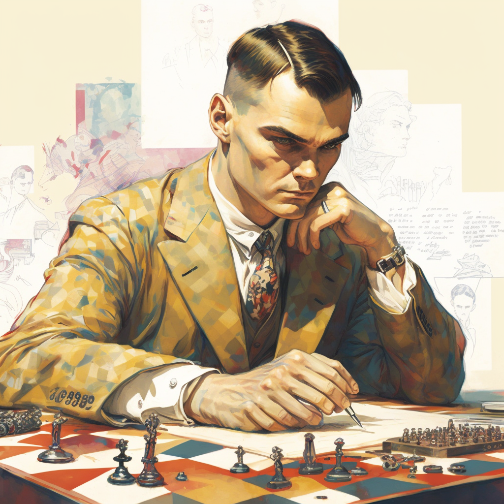 portrait of Alan Turing sitting at his desk studying Math, depth of field, bokah, background of a his lab, imagination thought cloud with chess and math problems floating above his head, art by J. C. Leyendecker