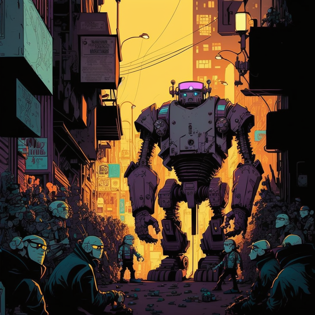 Robots taking over the world, , dark, highly detailed, vivid colours, in the style of asaf hanuka